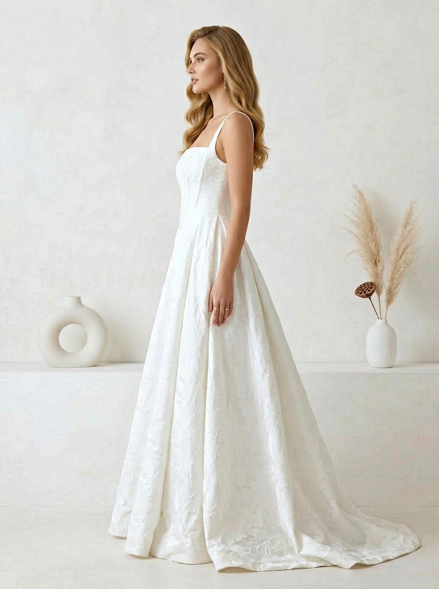 Diamond White Ball-Gown with Pockets Floral Wedding Dress